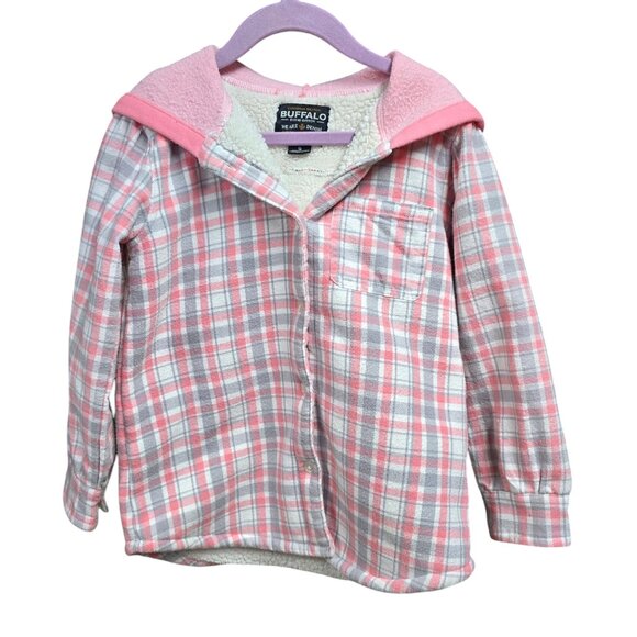 Buffalo David Bitton Pink Plaid Sherpa Lined Button Down Jacket Girls Size 5 - Picture 1 of 6
